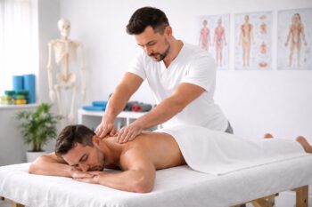 Klassische Massagetherapie (KMT) in Dortmund: Ein Physiotherapeut behandelt den Rücken eines Patienten in einer Praxis für Physiotherapie.