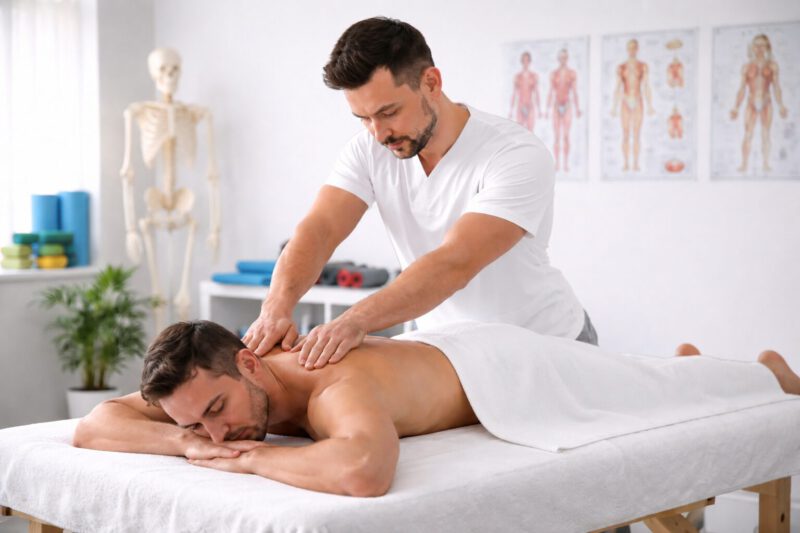Klassische Massagetherapie (KMT) in Dortmund: Ein Physiotherapeut behandelt den Rücken eines Patienten in einer Praxis für Physiotherapie.
